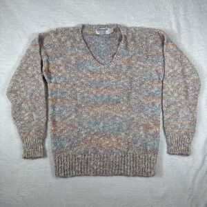 Vintage‎ 80s Acrylic Mohair Multicolor Glamour Knit V-Neck Long Sleeve Sweater M